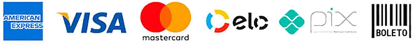 Aceitamos American Express, Visa, Mastercard, Elo, Pix e Boleto