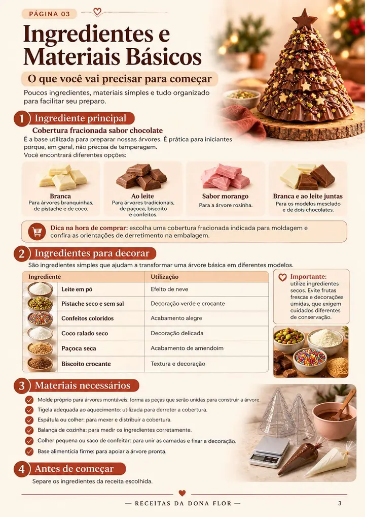 Ingredientes e materiais básicos para árvores de chocolate